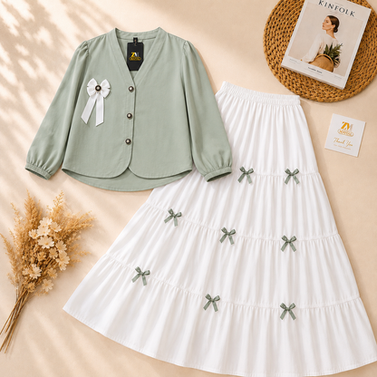 Mint Green Elegant Bow Detail Skirt Set
