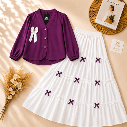 Plum Purple Ribbon Charm Bow Detail Skirt Set