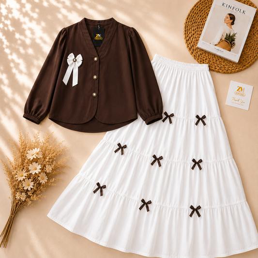 Chocolate Brown Ribbon Charm 2-Piece Skirt Set with Bow Detail Maxi Skirt
