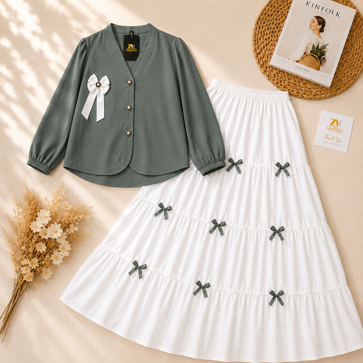 Sage Green Ribbon Charm Tiered Skirt Set