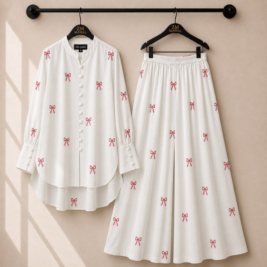 Lunessa Ribbon Bloom Co-Ord Set in White with Pink Ribbon Bow Embroidery Premium Women's Two Piece Outfit