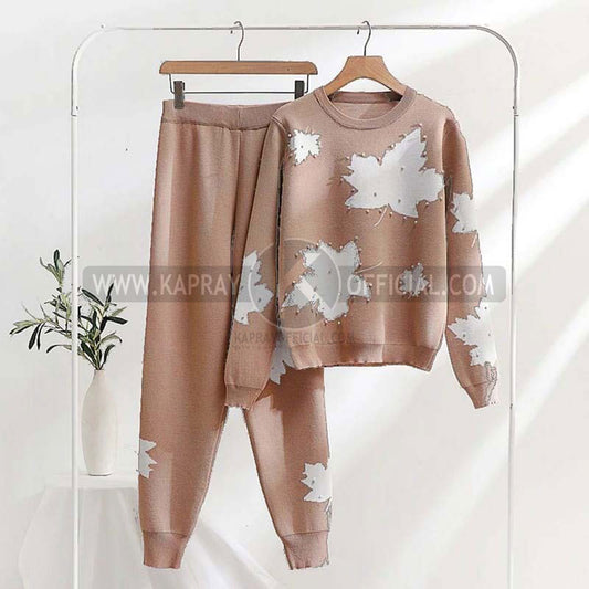 Pearls Work White Leaf Printed Premium Quality Winter 2-Pcs Tracksuit For Her. WWTS-02