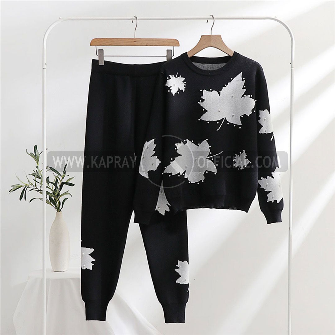 Pearls Work White Leaf Printed Premium Quality Winter 2-Pcs Tracksuit For Her. WWTS-02