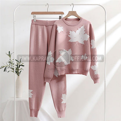 Pearls Work White Leaf Printed Premium Quality Winter 2-Pcs Tracksuit For Her. WWTS-02