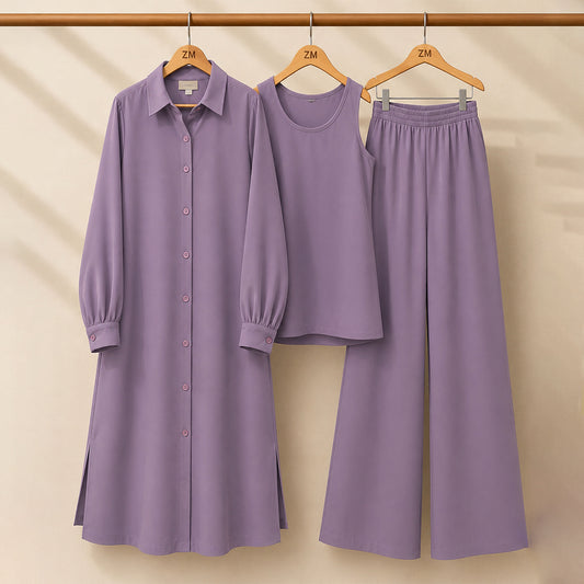 Modest Suit Long Top, Inner & Wide-Leg Pants 3-Piece