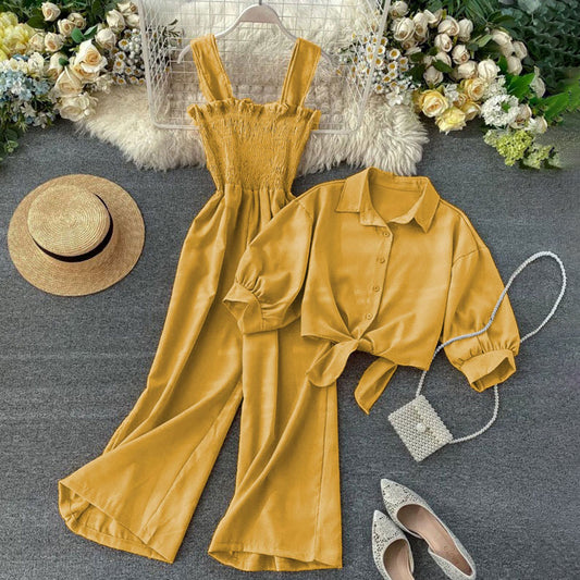 Korean Style Jumpsuit Set (Dress + Tie Crop Shirt)