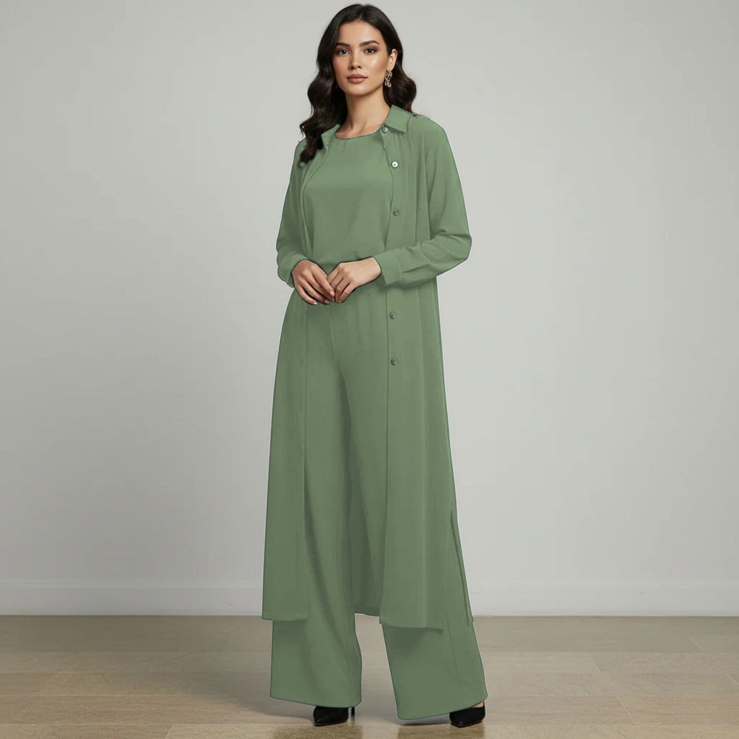3-Piece Modest Suit Long Top, Inner & Wide-Leg Pants