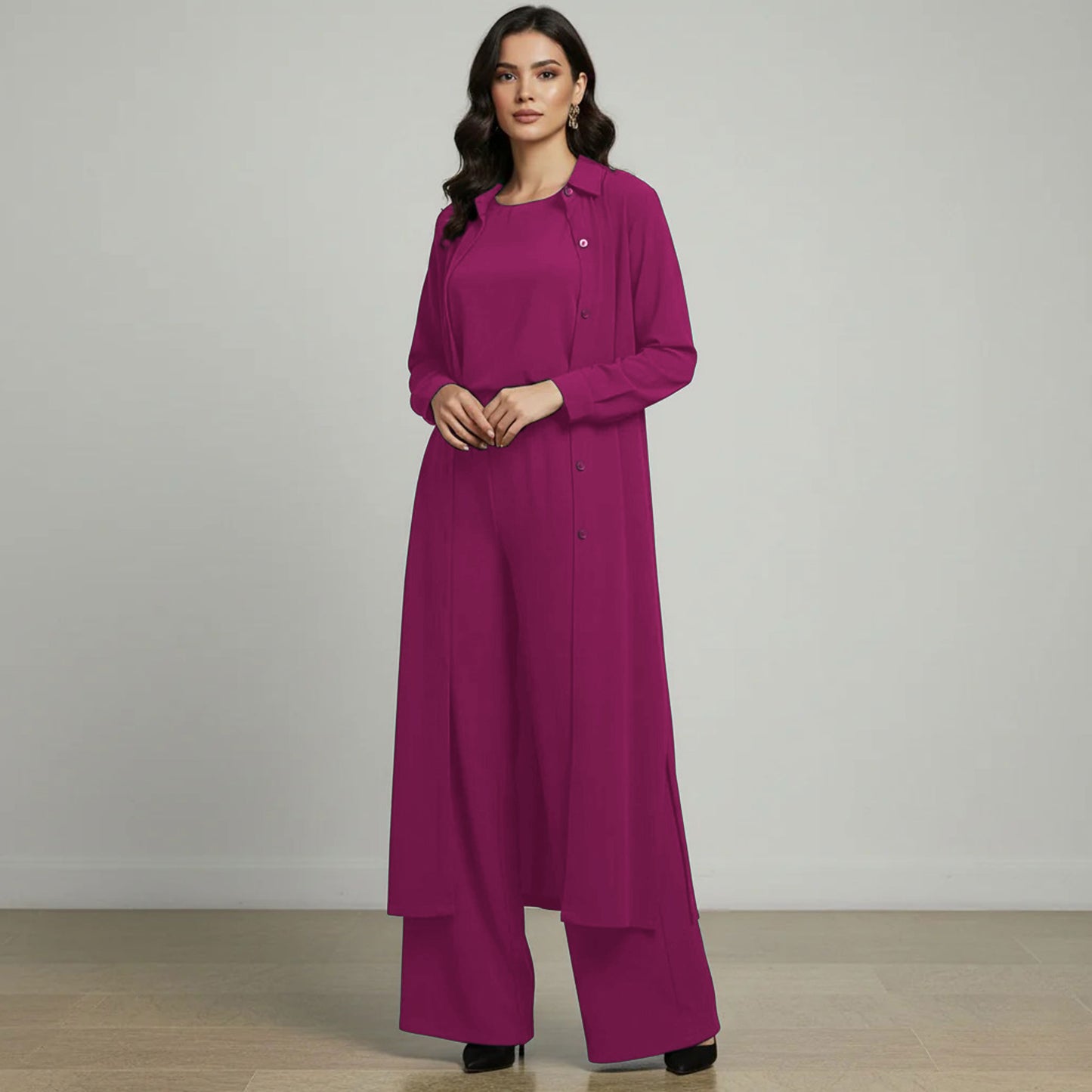 3-Piece Modest Suit Long Top, Inner & Wide-Leg Pants