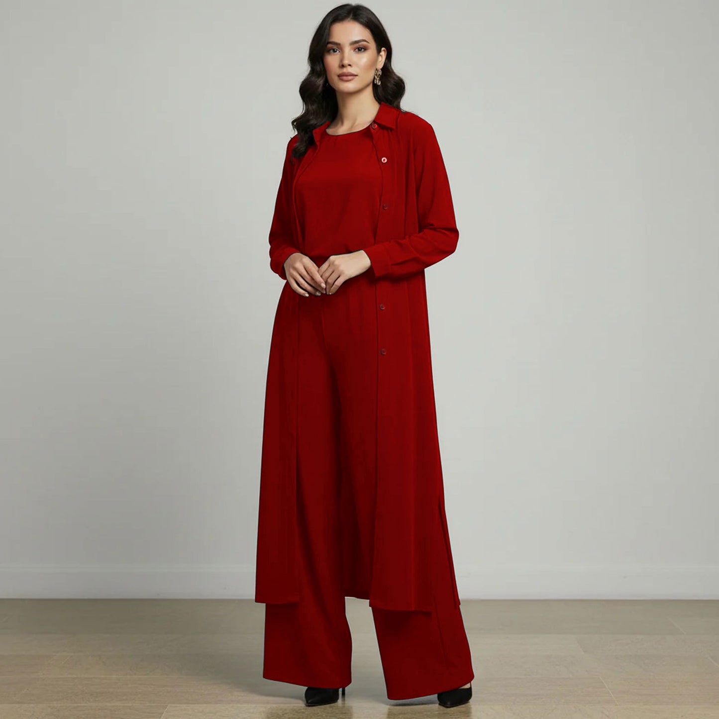 3-Piece Modest Suit Long Top, Inner & Wide-Leg Pants