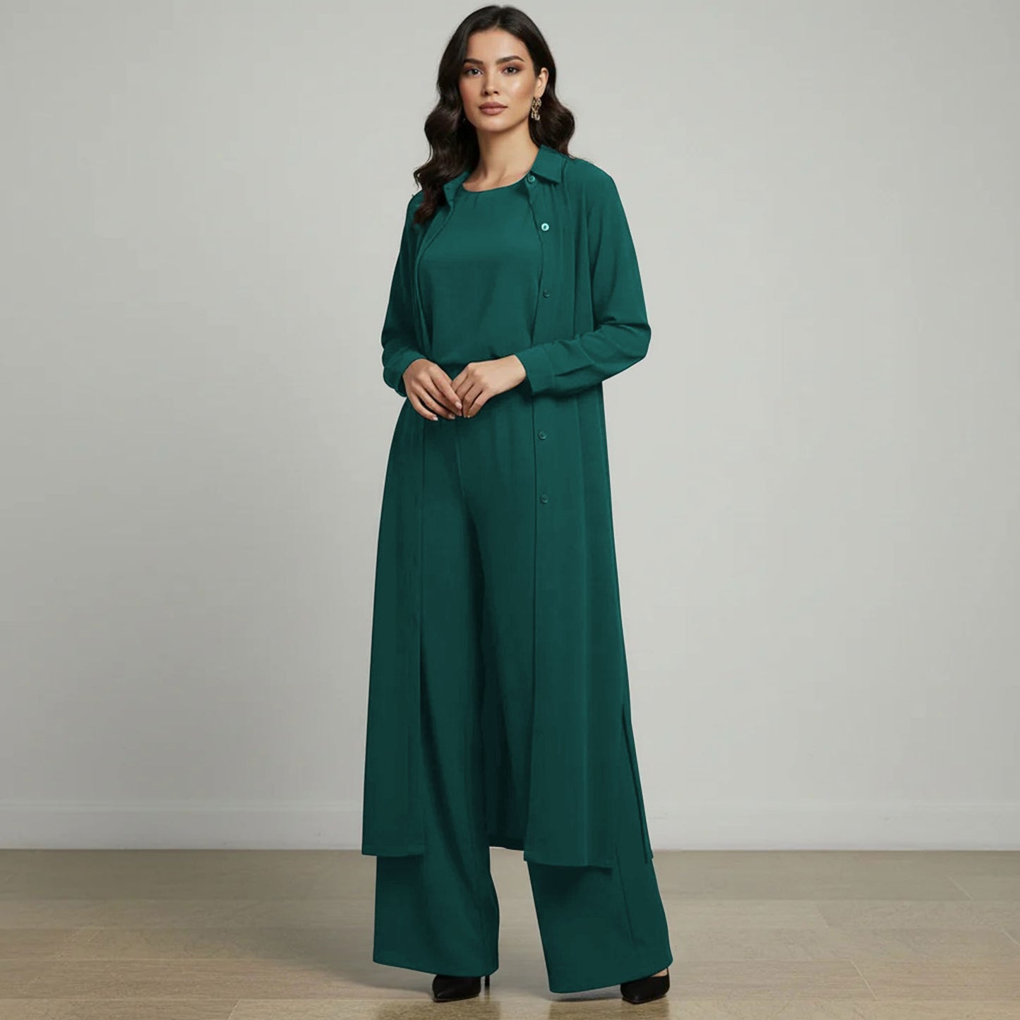 3-Piece Modest Suit Long Top, Inner & Wide-Leg Pants