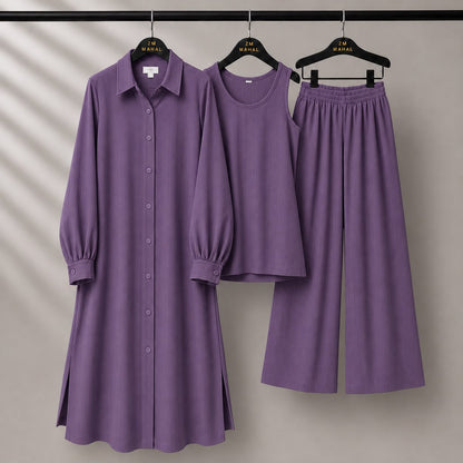 Modest Suit Long Top, Inner & Wide-Leg Pants 3-Piece