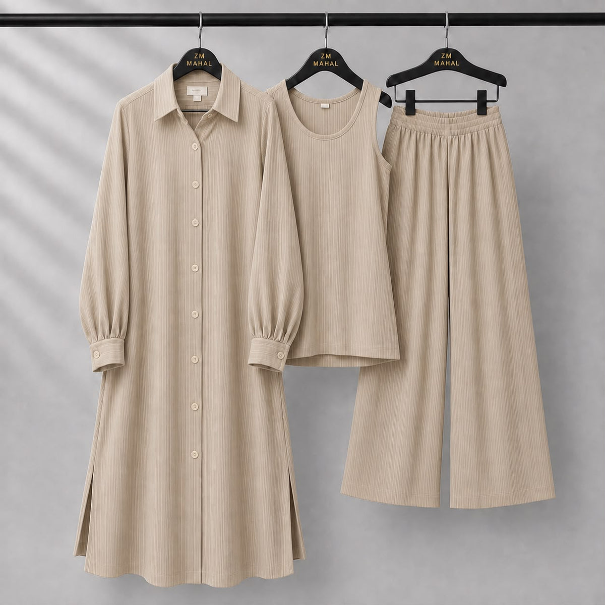 Modest Suit Long Top, Inner & Wide-Leg Pants 3-Piece