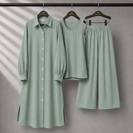 Modest Suit Long Top, Inner & Wide-Leg Pants 3-Piece