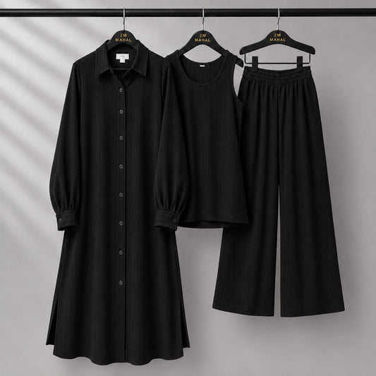 Modest Suit Long Top, Inner & Wide-Leg Pants 3-Piece