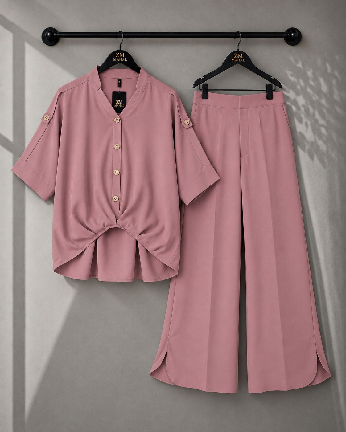 Zümrüt Shirt & Wide-Leg Trouser Co-Ord - Dusty Pink, S | KaprayOfficial