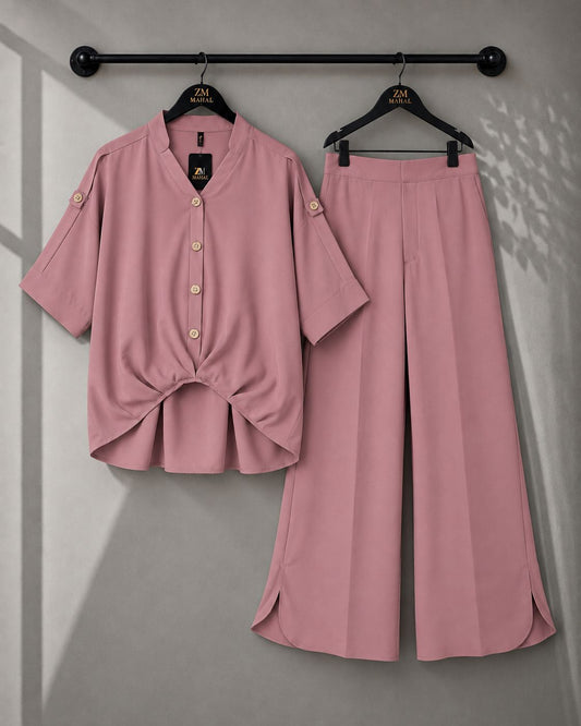 Zümrüt Shirt & Wide-Leg Trouser Co-Ord - Dusty Pink, S | KaprayOfficial