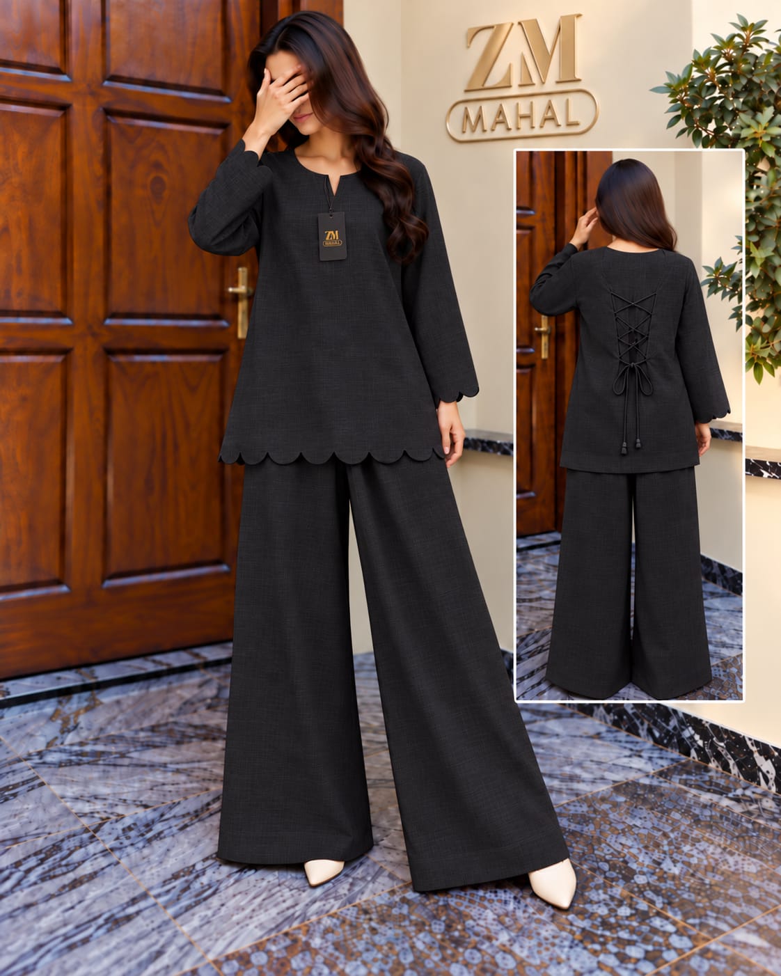 Zayra Scallop Lace-Up Co-Ord Set – 2 Piece