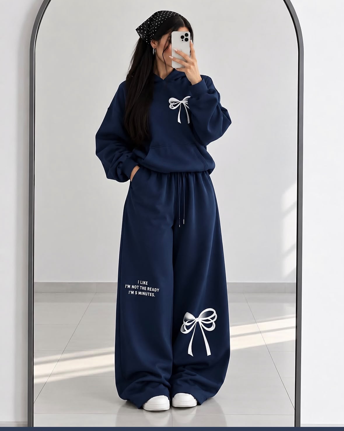 Turkish Style Bow Fleece Hoodie & Wide Leg Co-Ord Set - Navy Blue | KaprayOfficial