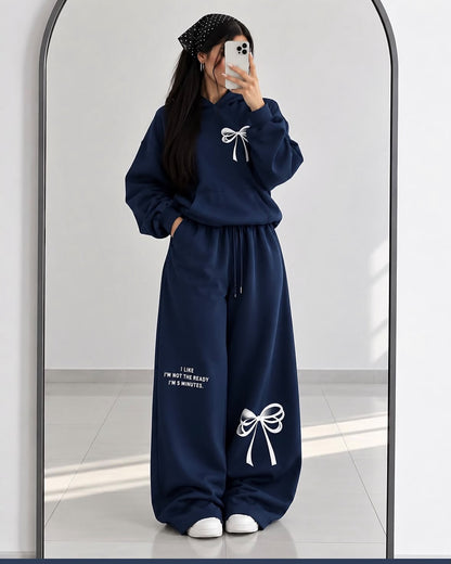 Turkish Style Bow Fleece Hoodie & Wide Leg Co-Ord Set - Navy Blue | KaprayOfficial