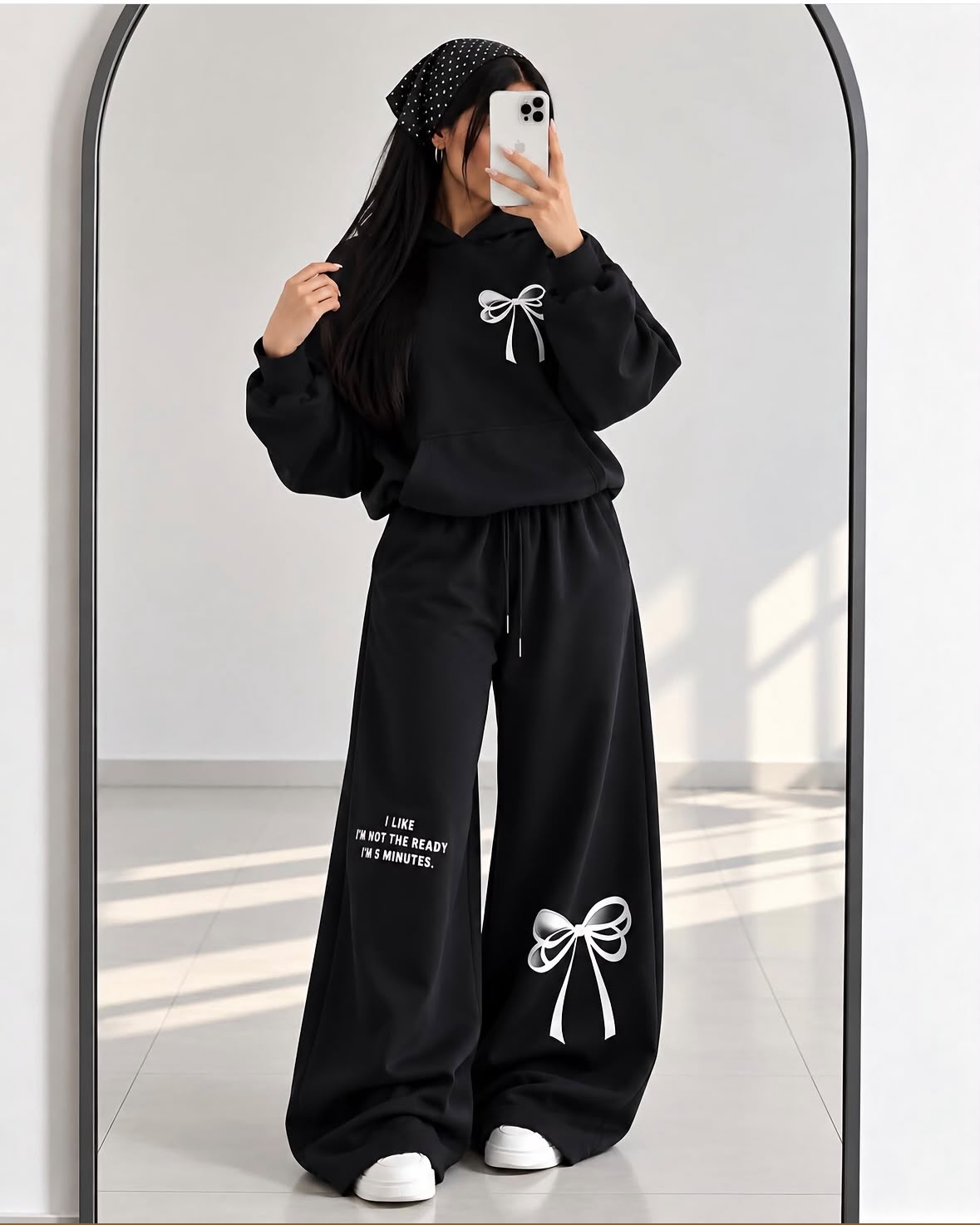 Turkish Style Bow Fleece Hoodie & Wide Leg Co-Ord Set - Navy Blue | KaprayOfficial