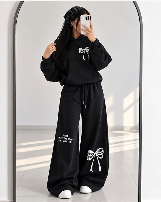 Turkish Style Bow Fleece Hoodie & Wide Leg Co-Ord Set - Navy Blue | KaprayOfficial