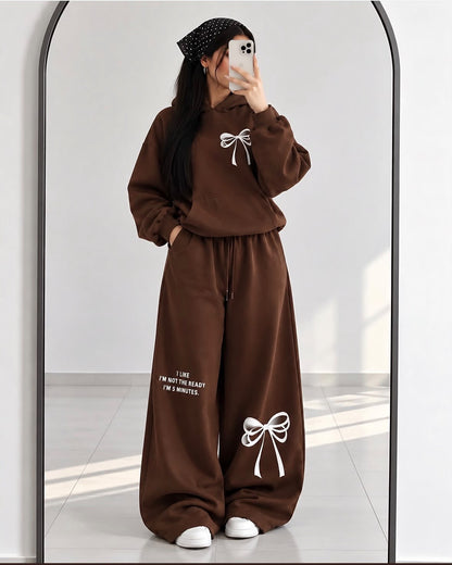 Turkish Style Bow Fleece Hoodie & Wide Leg Co-Ord Set - Navy Blue | KaprayOfficial