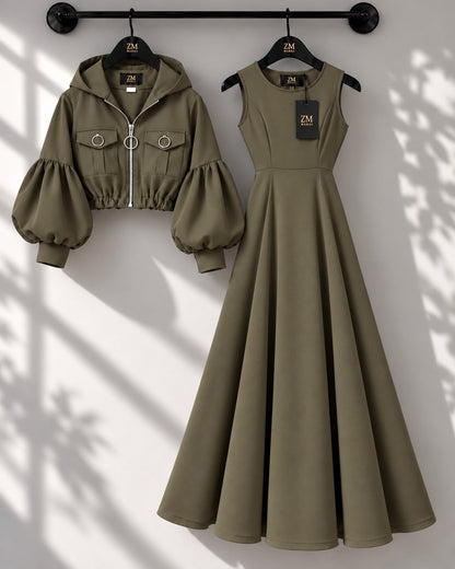 Zelya Turkish Frock and short coat set in Grey - modest women's fashion - KaprayOfficial