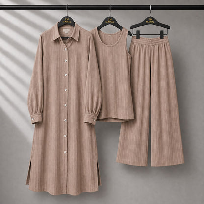 Modest Suit Long Top, Inner & Wide-Leg Pants 3-Piece