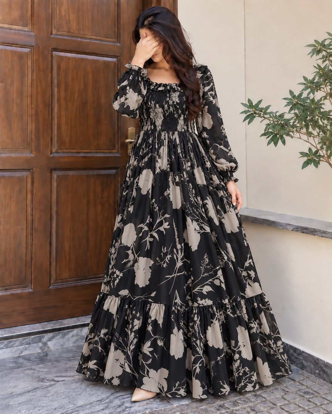 Imported Floral Chiffon Smocked Maxi Dress for Women