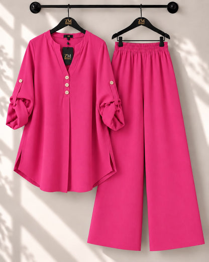 Solid Elara Co-Ord Set - T-Pink, M | KaprayOfficial