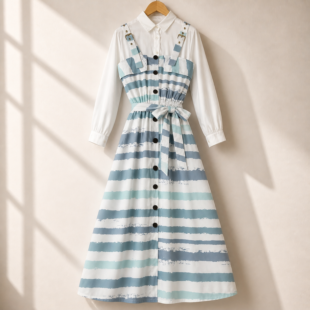 Floral Strap Maxi Dress with Shirt – Elegant Women Outfit