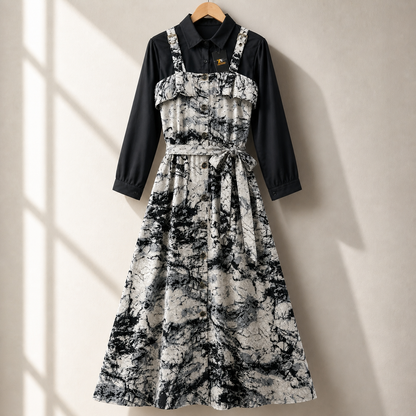 Floral Strap Maxi Dress with Shirt – Elegant Women Outfit