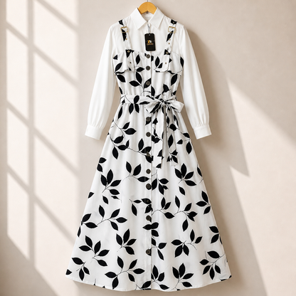 Floral Strap Maxi Dress with Shirt – Elegant Women Outfit