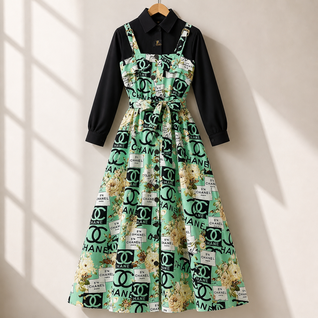 Floral Strap Maxi Dress with Shirt – Elegant Women Outfit