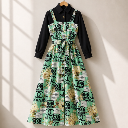 Floral Strap Maxi Dress with Shirt – Elegant Women Outfit
