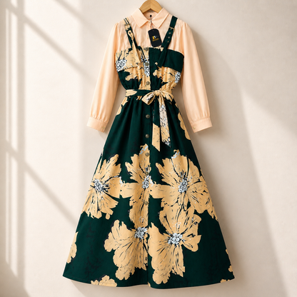 Floral Strap Maxi Dress with Shirt – Elegant Women Outfit