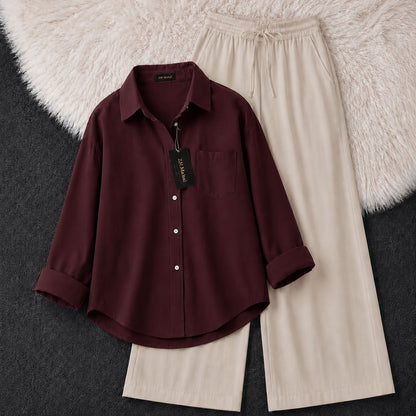 Women's oversized shirt and wide-leg co-ord set in deep burgundy – SphereOutfit
