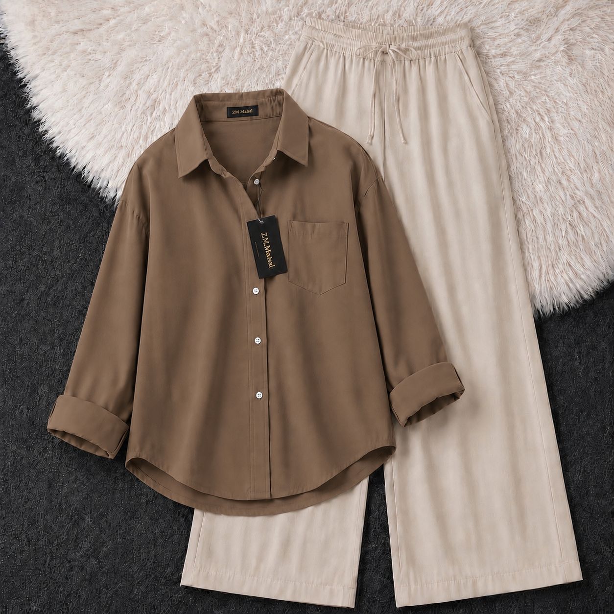 Women's oversized shirt and wide-leg co-ord set in mocha brown – SphereOutfit