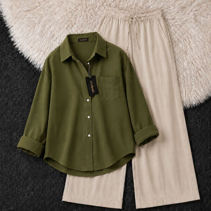 Women's oversized shirt and wide-leg co-ord set in olive green – SphereOutfit
