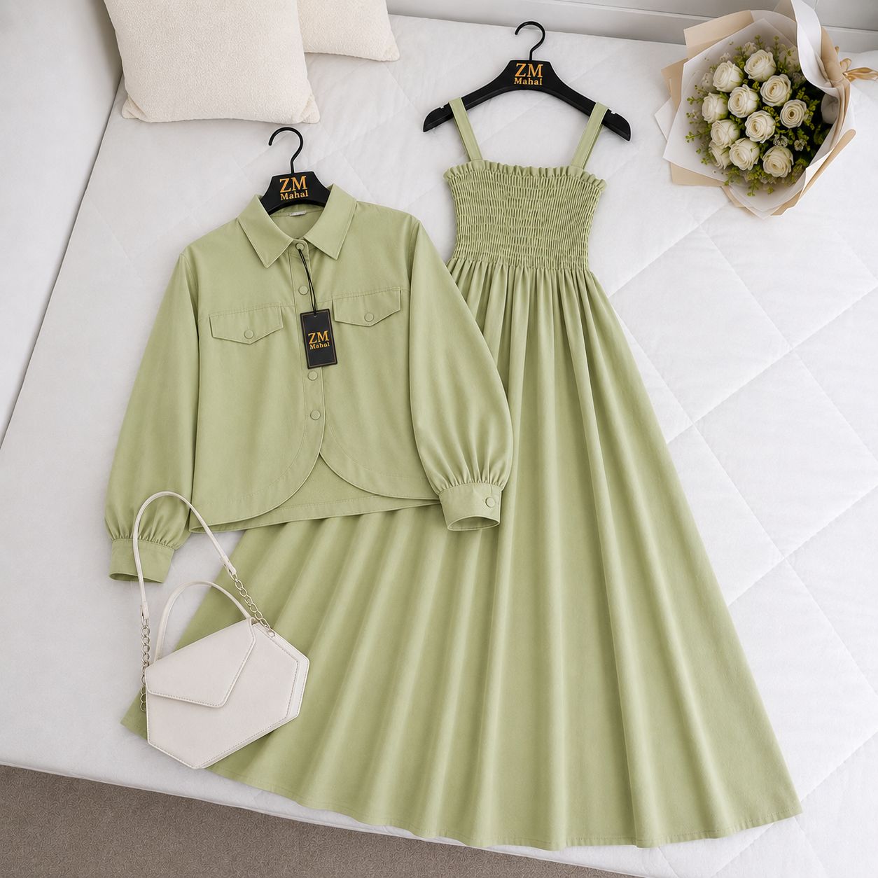 Green outfit with shirt, dress, and handbag on a white surface with 'ZM' branding.