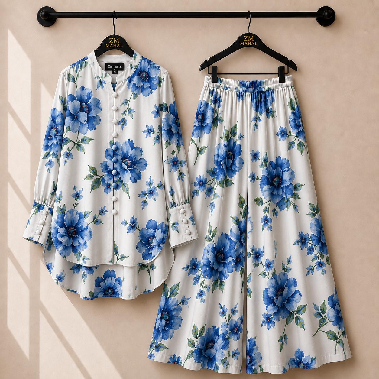 Women's floral shirt and wide-leg palazzo co-ord set in blue print – SphereOutfit
