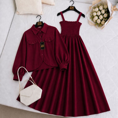 Imported Graceful Two-Piece Jacket & Smocked Maxi Set in Maroon for Women