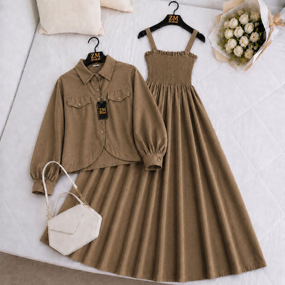 Imported Graceful Two-Piece Jacket & Smocked Maxi Set in Mocha Beige for Women