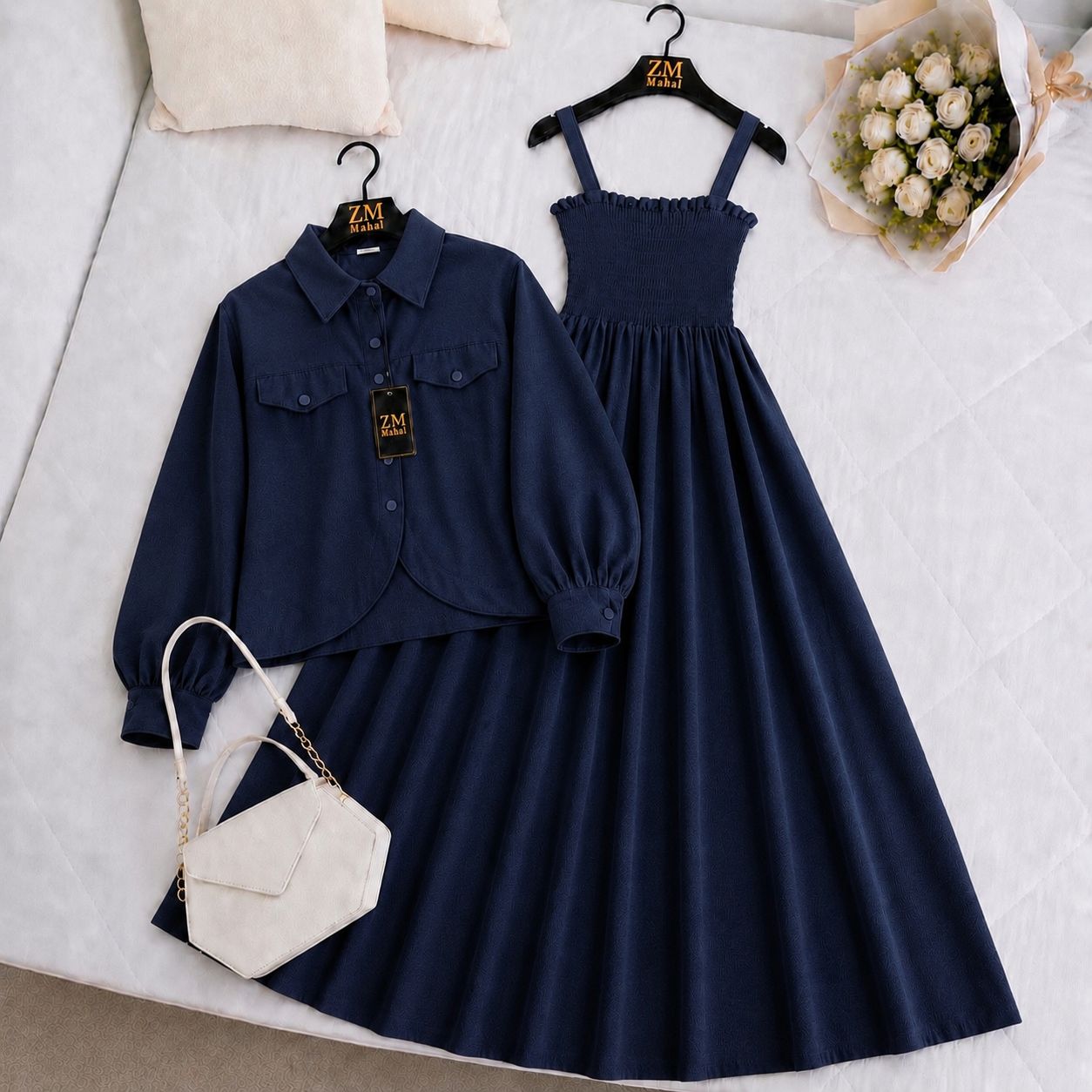 Imported Graceful Two-Piece Jacket & Smocked Maxi Set in Navy Blue for Women