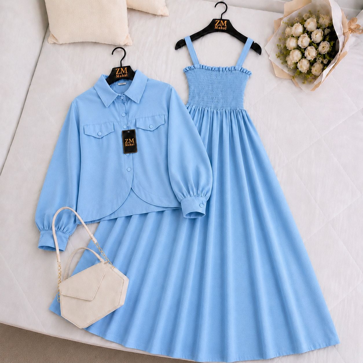 Imported Graceful Two-Piece Jacket & Smocked Maxi Set in Sky Blue for Women