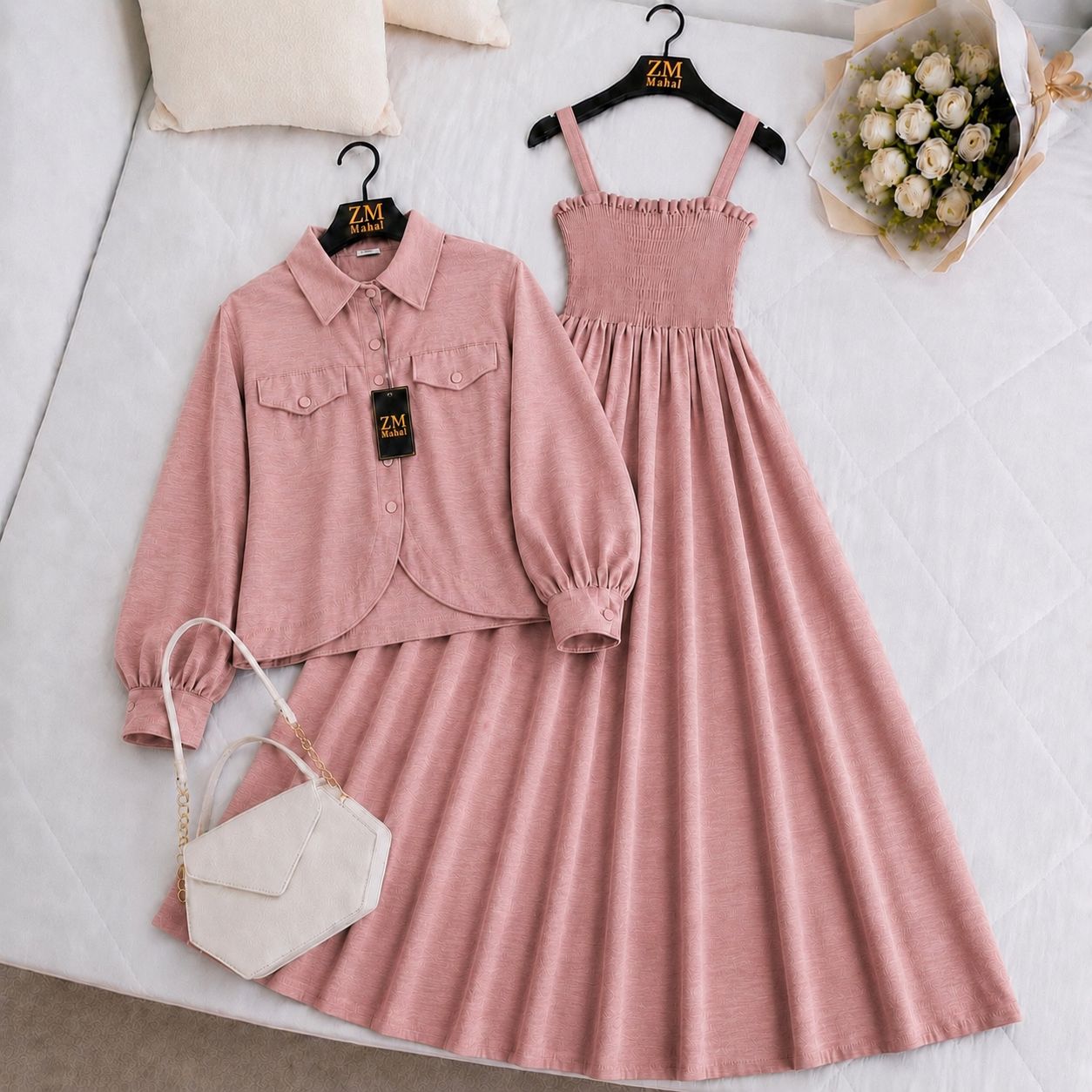 Imported Graceful Two-Piece Jacket & Smocked Maxi Set in Kashmiri Pink for Women