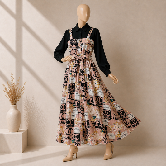 Floral Strap Maxi Dress with Shirt – Elegant Women Outfit