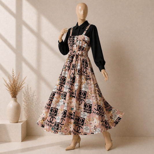 Floral Strap Maxi Dress with Shirt – Elegant Women Outfit
