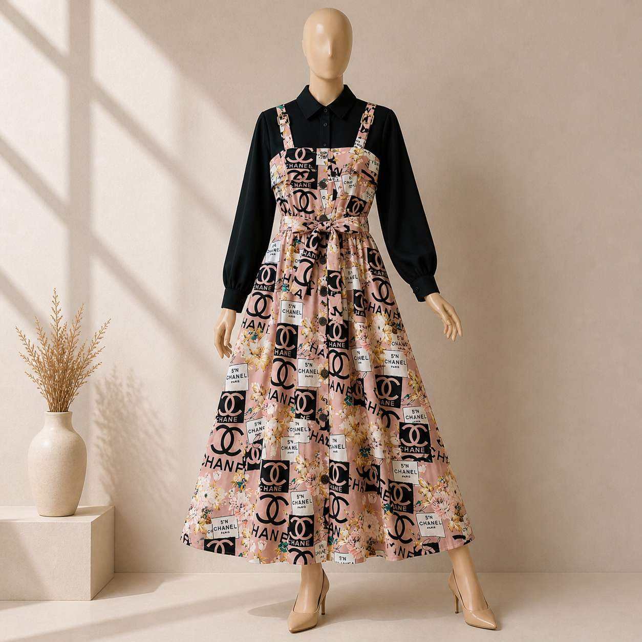 Floral Strap Maxi Dress with Shirt – Elegant Women Outfit