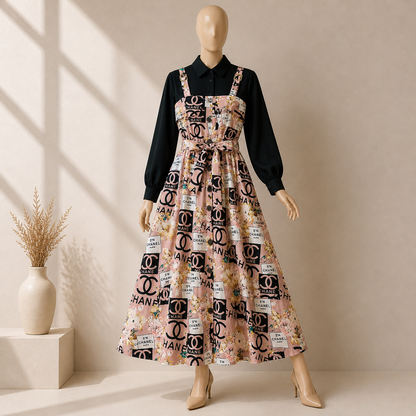 Floral Strap Maxi Dress with Shirt – Elegant Women Outfit